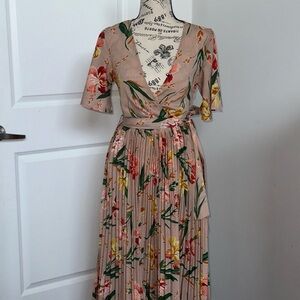 PrettyLittleThing Tan Gold Pleated Wrap Sundress